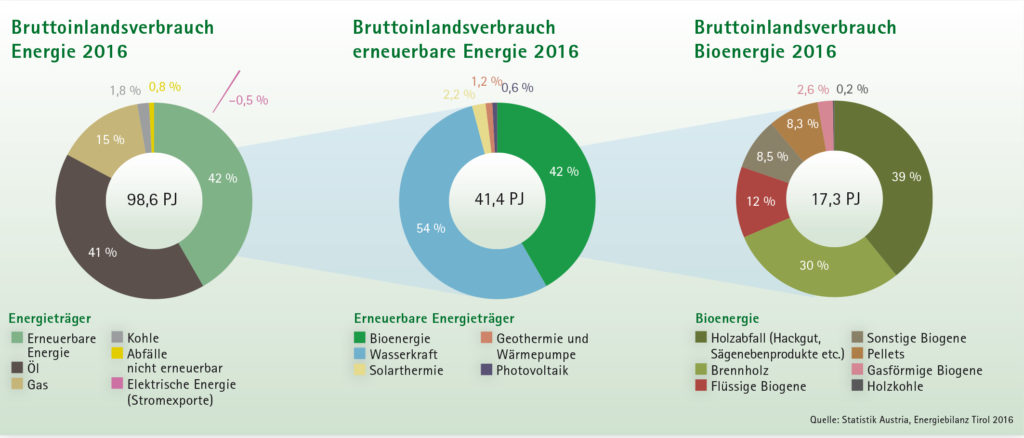 Kreisdiagramme Bruddoinlandsverbrauch Energie 2016, Erneuerbare Energie 2016 und Bioenergie 2016